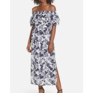 Chelsea28 Womens Off The Shoulder Ruffle Slit Floral Navy/White Maxi Dress 0P